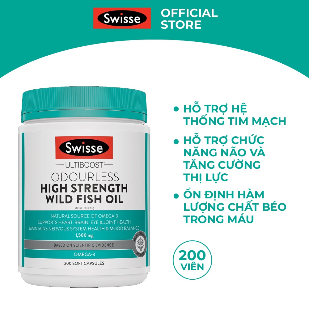 Viên Uống Dầu Cá Swisse Liều Cao Không Mùi 1500mg 200 Viên Ultiboost Odourless High Strength Wild Fish Oil | Hasaki