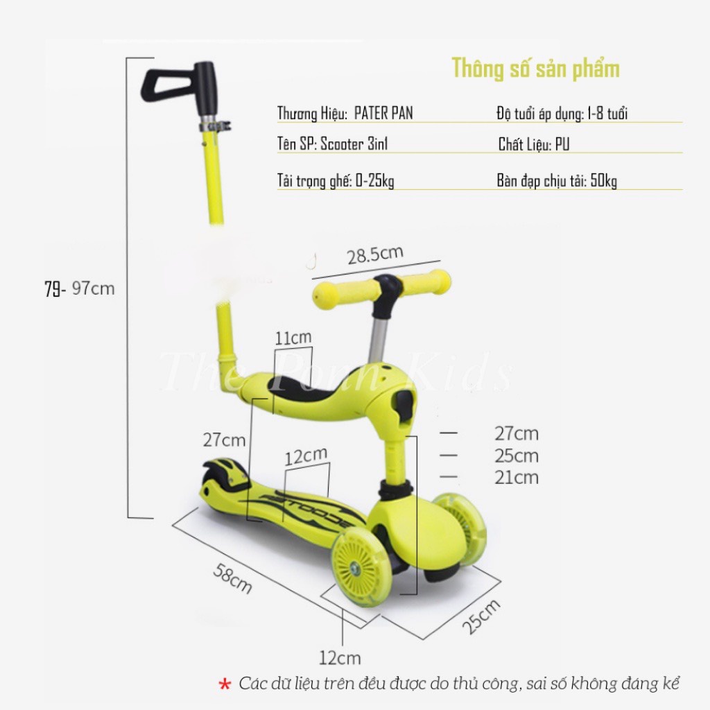 Xe Scooter cho bé PETER PAN 3IN1 Có Tay Đẩy, Vòng Bảo Vệ - Trượt chòi chân đẩy từ 1-6 tuổi-Scoot and ride