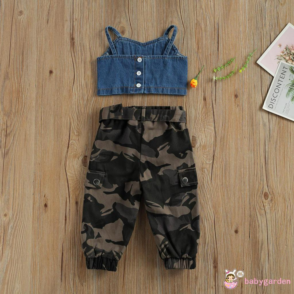 Áo Denim Không Tay Và Quần Rằn Ri Cho Bé Gái