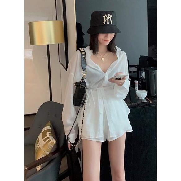 Set sơ mi + quần oversize kèm đai điều chỉnh eo cực sang mã S005