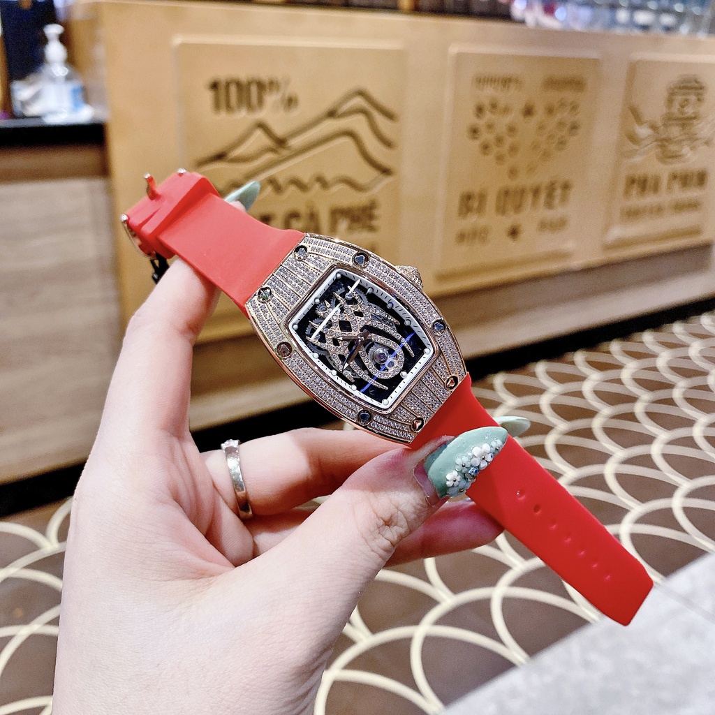 Đồng Hồ Nam Nữ Hanboro Nam Máy Automatic, Nữ Máy Pin , Dây Cao Su Màu Đỏ , Size 36mm/48mm fullbox