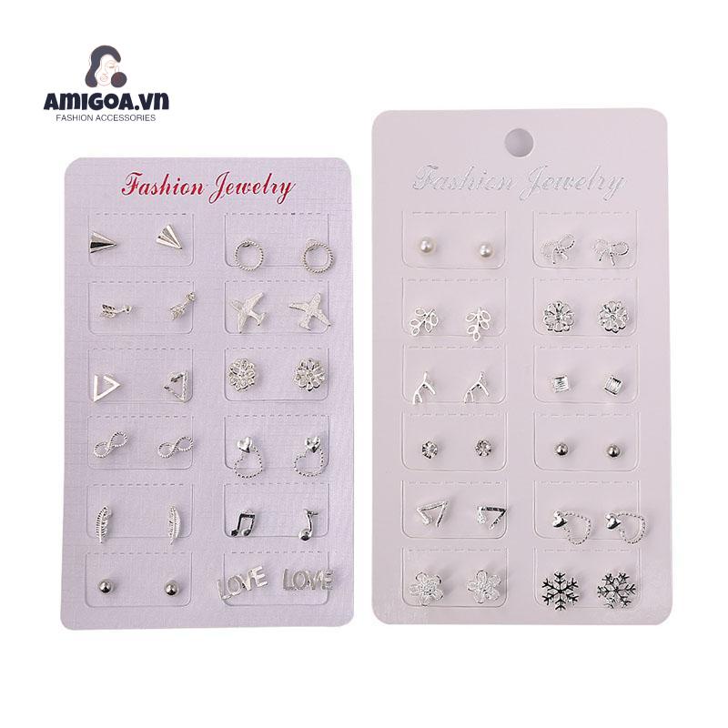 ✨✨Bộ 12 Đôi Bông Tai Bạc Thiết Kế Đơn Giản Thời Trang