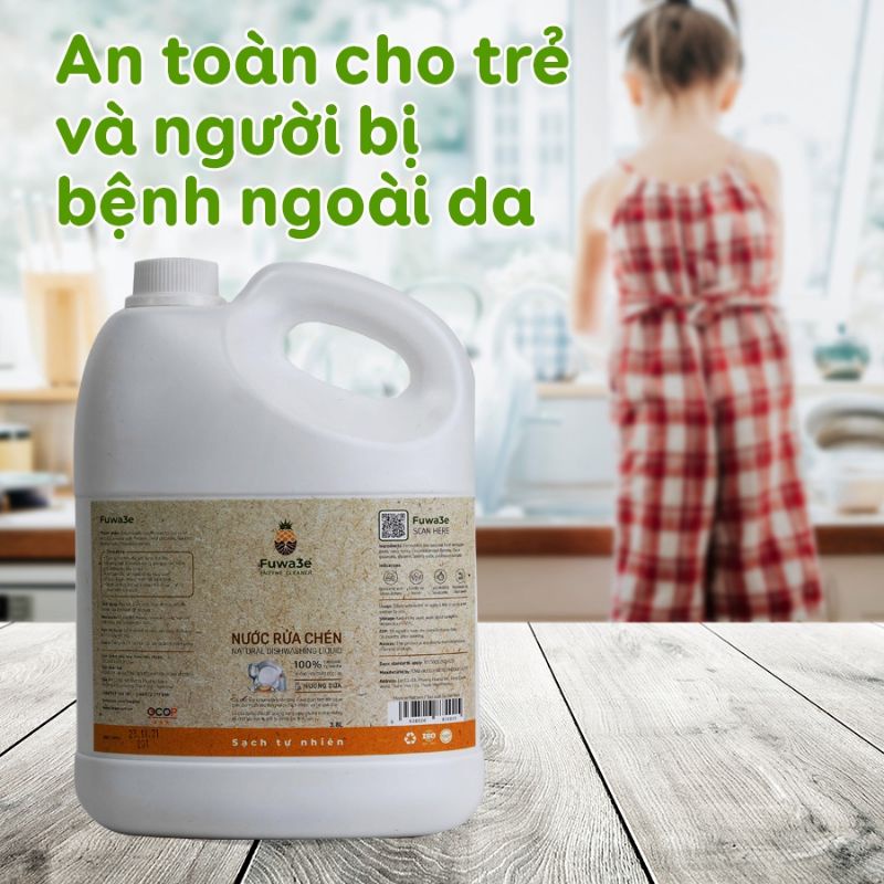 Nước Rửa Chén Bát Fuwa3e Hữu Cơ Enzyme Sinh Học Organic 3.8L an toàn cho bé bảo vệ da tay