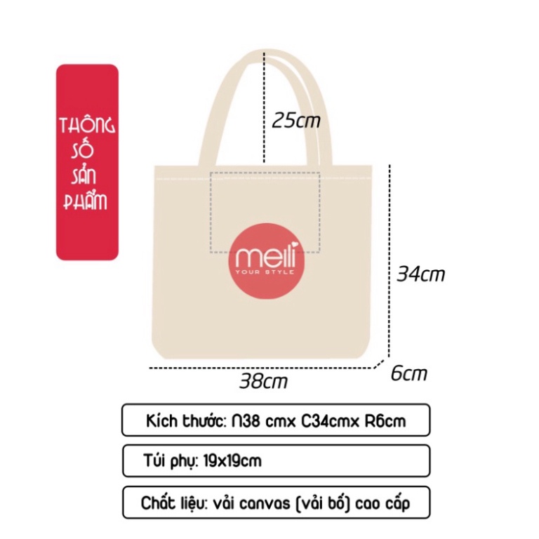 Túi tote vải canvas cao cấp đeo vai Cún Con Naughty khổ vuông cute
