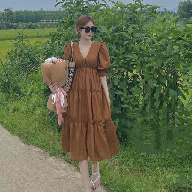 Váy bầu,đầm bầu bigsize màu nâu,cổ chữ V lạ mắt