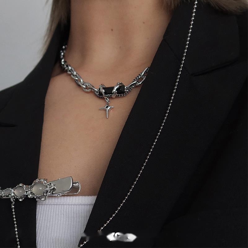 Vòng cổ Nhiều Lớp Đính Đá Zircon Đen Phong Cách Hip Hop Đường Phố Cho Nam Và Nữ