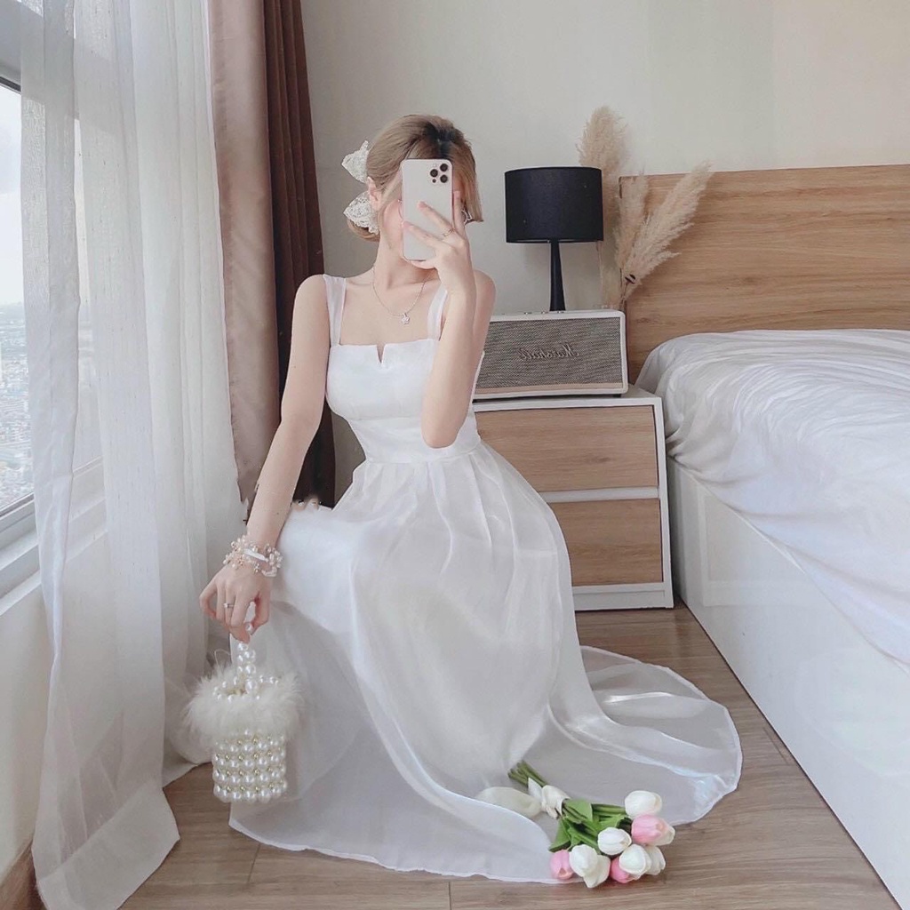Đầm trắng dự tiệc dáng xoè 2 dây cúp ngực , phong cách ( chất liệu voan tơ)
