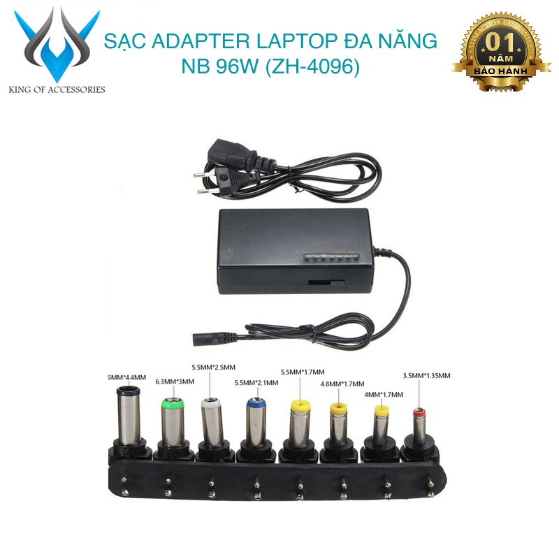 Sạc laptop đa năng 96W ZH 4096 kèm 8 đầu chuyển - có thể thay đổi điện áp 12V / 15V / 16V / 18V / 19V / 20V / 24V (đen)