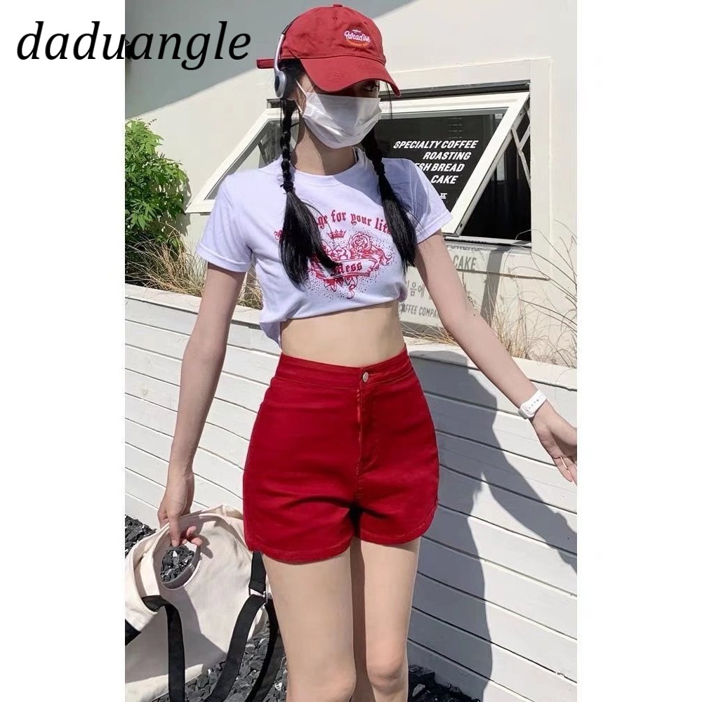 Quần ngắn daduhey denim lưng cao màu trơn có co giãn thời trang mùa hè 2022 dành cho nữ