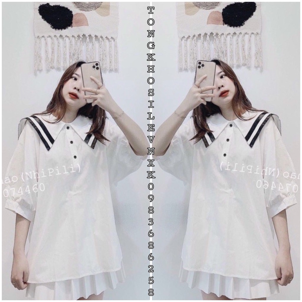 Áo Babydoll Sơ Mi Tay Ngắn Bồng Họa Tiết Viền Đen Cổ Thủy Thủ - Áo Hải Quân Somi Phối Cúc Ngực Ulzzang