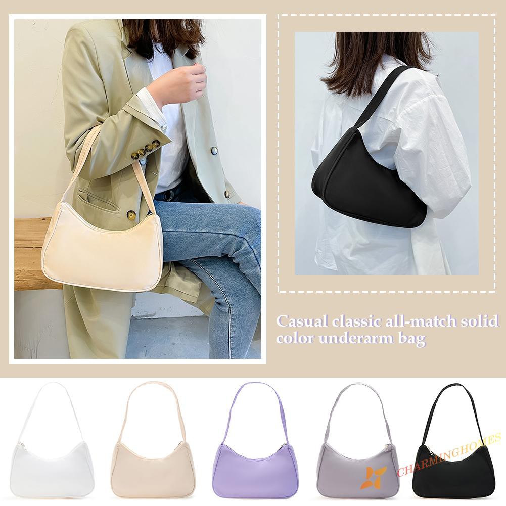 Fashion Solid Color Underarm Bag Nylon Hobos Bag Women Zipper Shoulder Bag