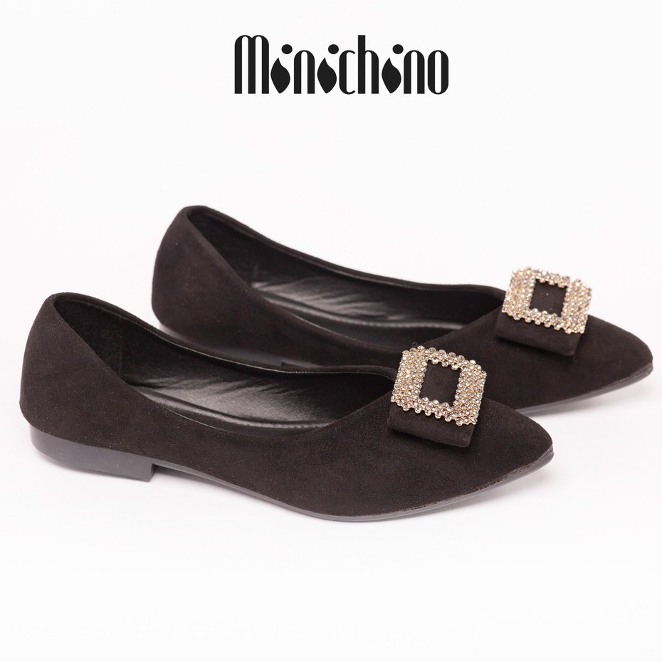 Giày búp bê nữ cao 1cm MINICHINO chất nhung, mũi nhọn khoá đá màu vàng TC258