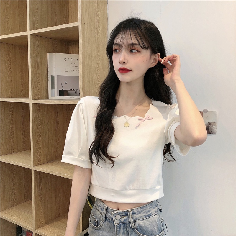 Áo thun ZHELIHANGFEI tay ngắn cổ vuông dáng rộng đơn giản thời trang mùa hè 2022 dành cho nữ