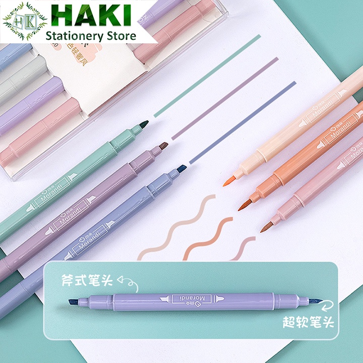 Bút highlight pastel 2 đầu morandi HAKI, bút đánh dấu nhớ dòng dạ quang cute nhiều màu marker dễ thương B49