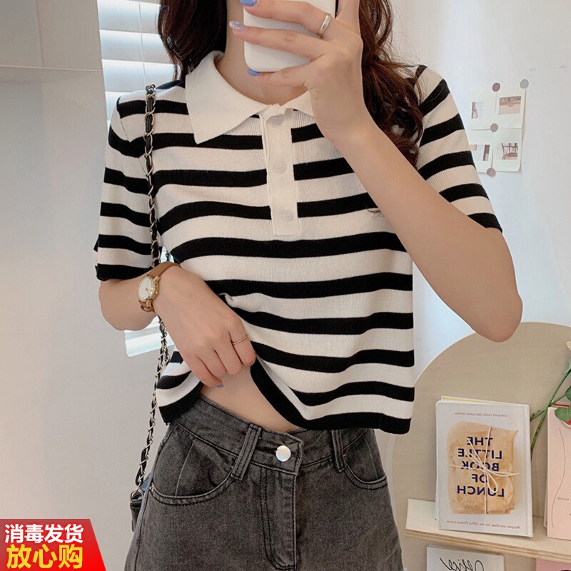 Áo thun ZHELIHANGFEI cổ polo dệt kim tay ngắn họa tiết sọc ngang thời trang cho nữ