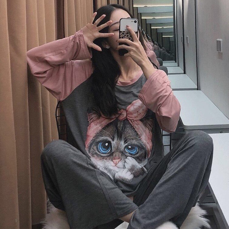 Bộ đồ ngủ hồng-xám hoạ tiết mèo đáng yêu