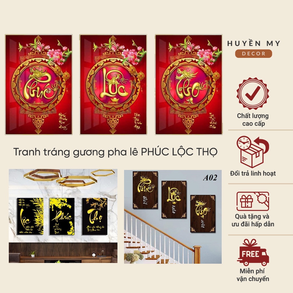 Tranh tráng gương pha lê PHÚC LỘC THỌ in UV trên chất liệu Mica sáng bóng treo cầu thang, phòng khách giá xưởng