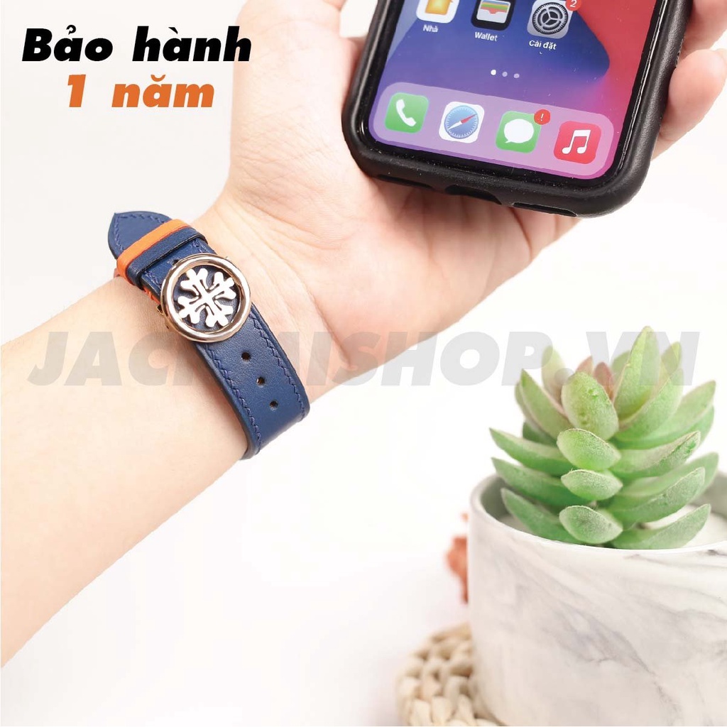 [DÂY DA THẬT] DÂY DA BÊ SWIFT MAY TAY THỦ CÔNG MÀU CAM/NAVY KHÓA PATEK CHO APPLE WATCH SERIES 1=&gt;6 (BẢO HÀNH 1 NĂM)