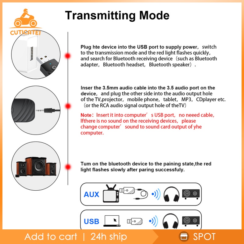 ✨Hàng sẵn sàng✨Usb Thu Phát Bluetooth 5.0 Cut1-8 Cổng 3.5mm Aux Cho Loa Xe Hơi / Tv / Pc | BigBuy360 - bigbuy360.vn