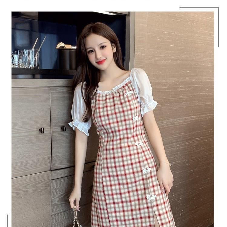 Summer split skirt Plaid cheongsam waist straight French dress | BigBuy360 - bigbuy360.vn