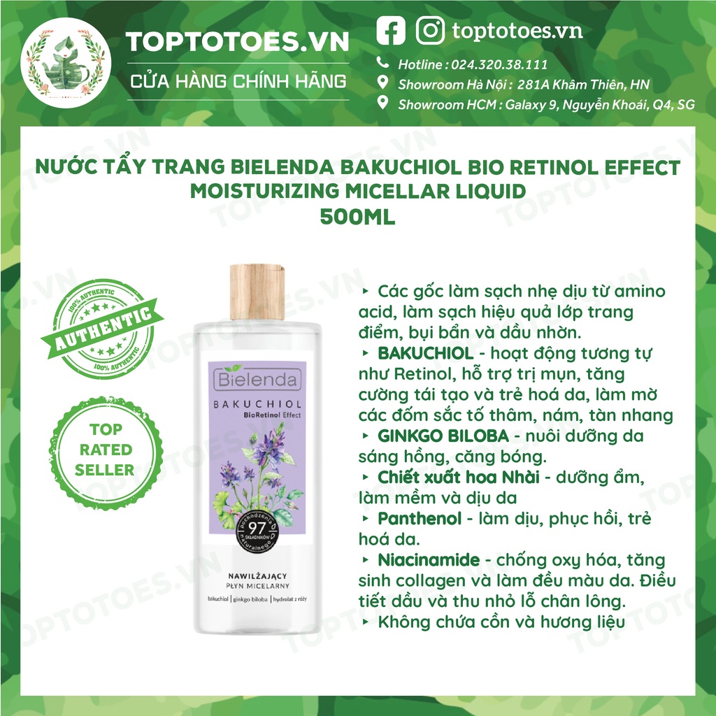 Nước tẩy trang Bielenda Bakuchiol Bio Retinol Effect Moisturizing Micellar Liquid 500ml làm sạch và trẻ hóa da