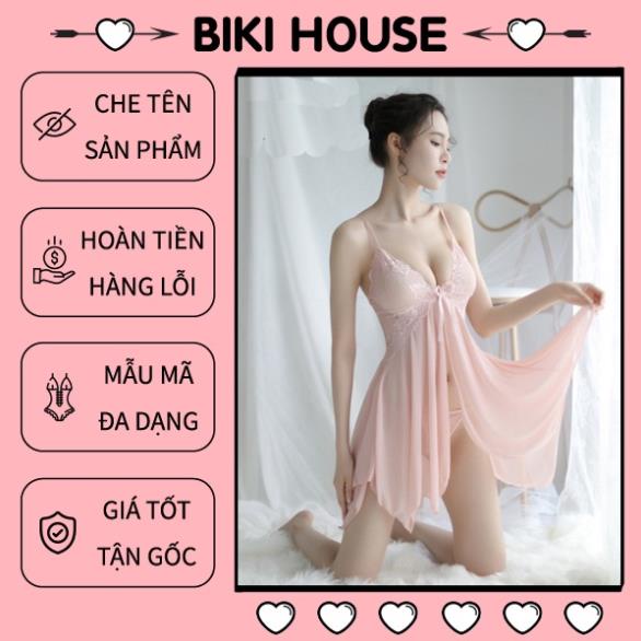 Đầm ngủ sexy gợi cảm kèm chip lọt khe dây váy ngủ nữ xẻ tà xuyên thấu phối ren ngực đen đỏ nude BIKIHOUSE N112 - HCM Đẹp