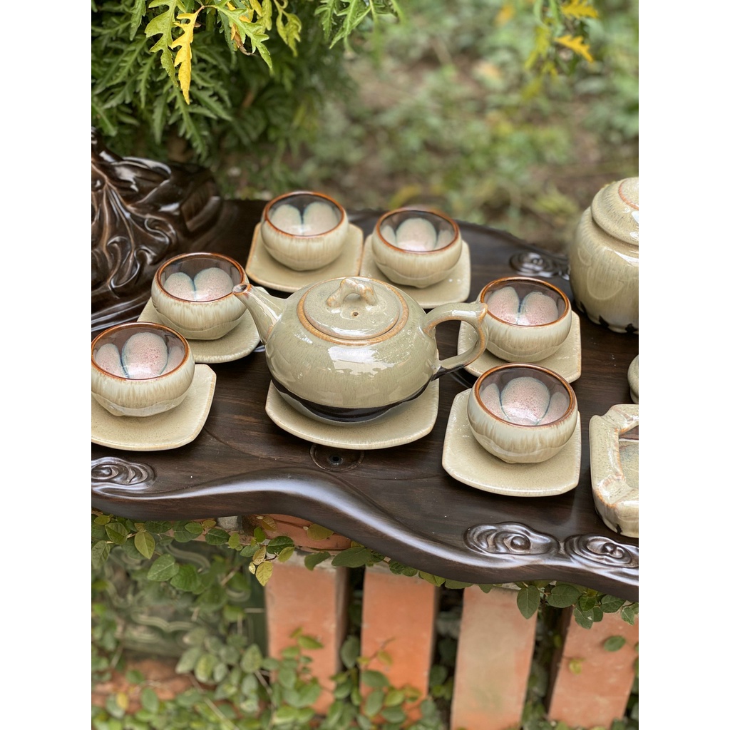 Bộ Ấm Chén Pha Trà Hoả Biến Bát Tràng-hàng nhà lò giá tận xưởng,men Đá dáng ấm Chóp