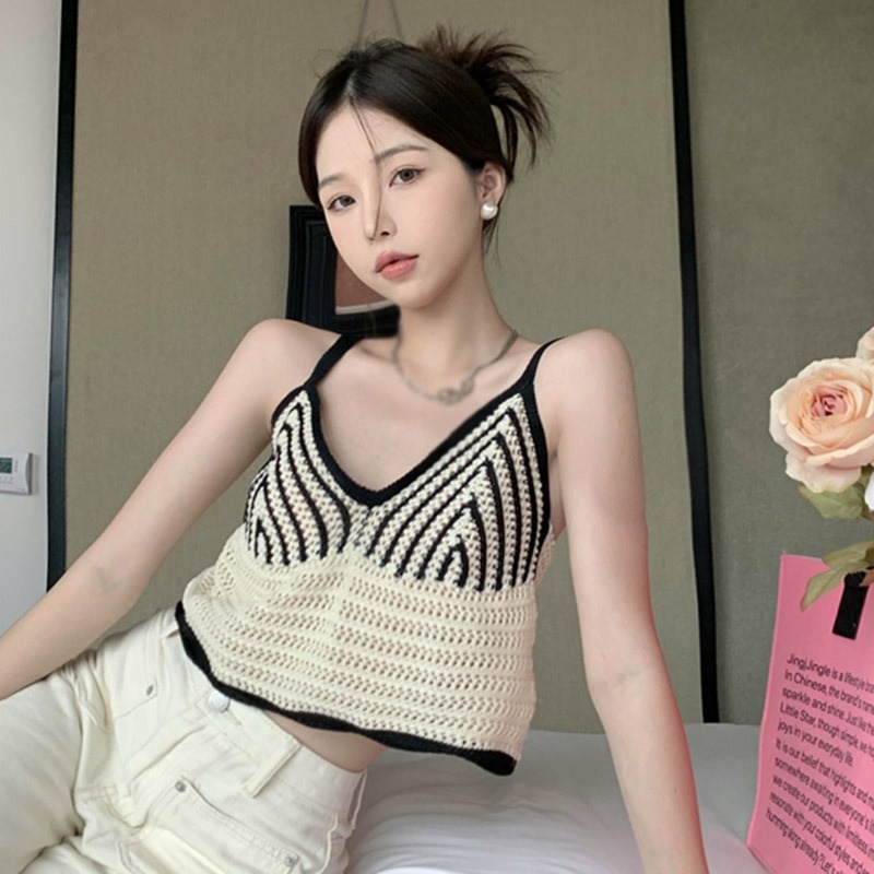 Áo Croptop Dệt Kim Không Tay Cổ Chữ V Màu Sắc Tương Phản Thời Trang Mùa Hè Dành Cho Nữ