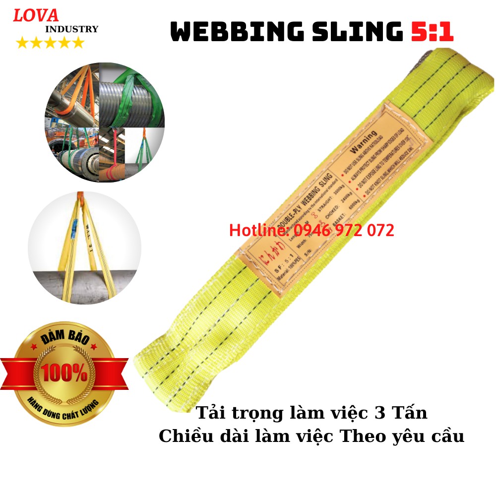 Cáp Vải Cẩu Hàng Bản Dẹt 3 Tấn Loại 2 Đầu Mắt Hệ Số 5:1