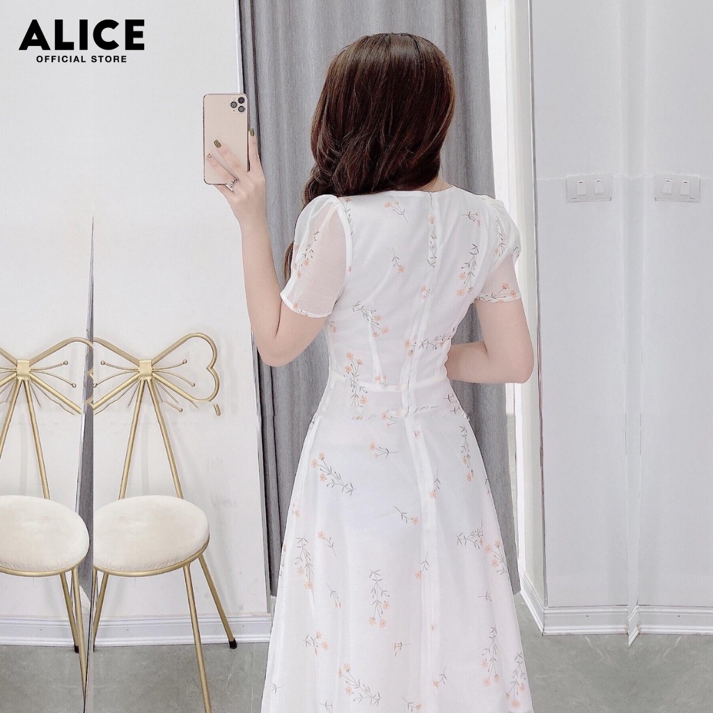 Váy Thiết Kế Trắng Cổ V ALICE Dáng Xòe 2 Lớp Họa Tiết Hoa Nhí Chiết Eo Tôn Dáng V520