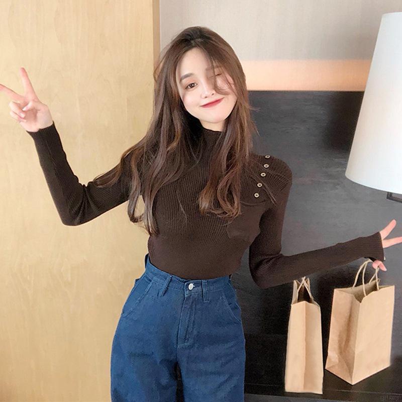 Áo Sweater Dệt Kim Mỏng Tay Dài Cổ Cao Màu Sắc Đơn Giản Phong Cách Hàn Quốc Cho Nữ