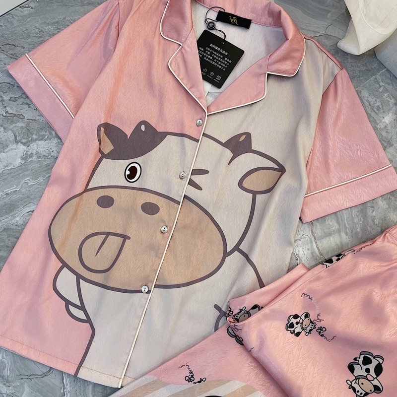 pijama lụa xước tay ngắn cao cấp quảng châu bò sữa