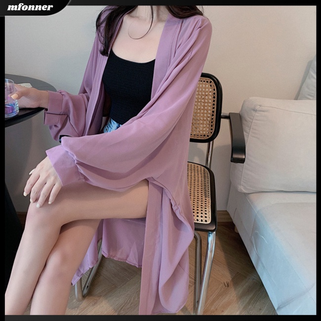 Áo Khoác Cardigan Chiffon Tay Phồng Dài Qua Gối Màu Sắc Trơn Thoáng Khí Thời Trang Đi Biển Cho Nữ