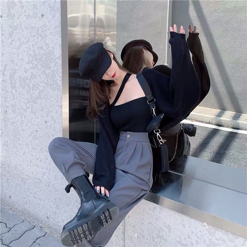 Set áo khoác len croptop nhiều màu + áo 2 dây Ulzzang siêu chất ❤️