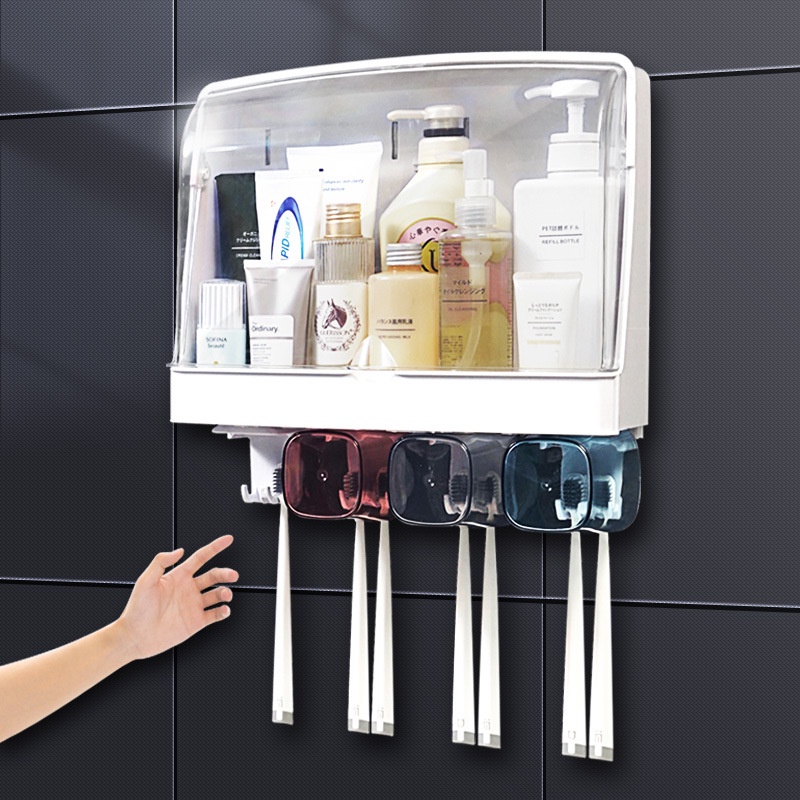 Kệ đựng mỹ phẩm, dụng cụ nhà tắm kèm 4 ly có nắp chắn nước gắn tường tiết kiệm diện tích