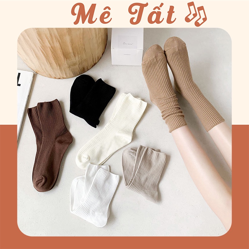 Tất cổ cao nữ METAT, set 5 đôi vớ nữ cổ cao màu trơn basic thời trang Vintage Hàn Quốc T21
