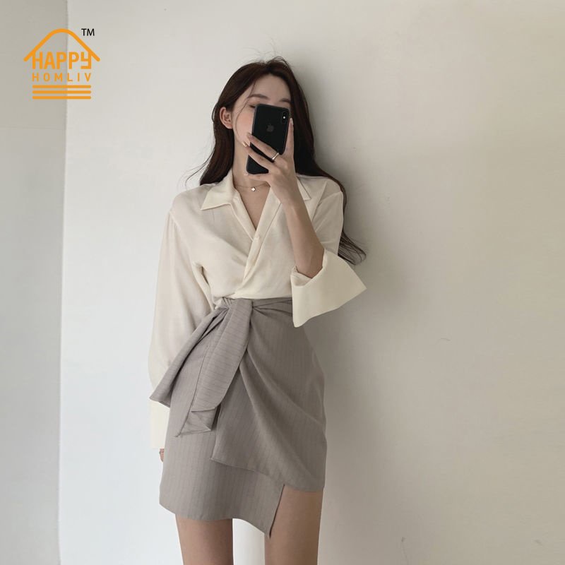 HAPPY HOMLIV Bộ Áo Khoác + Chân Váy Chữ A Lưng Cao Thời Trang Hàn Quốc Thanh Lịch Cho Nữ