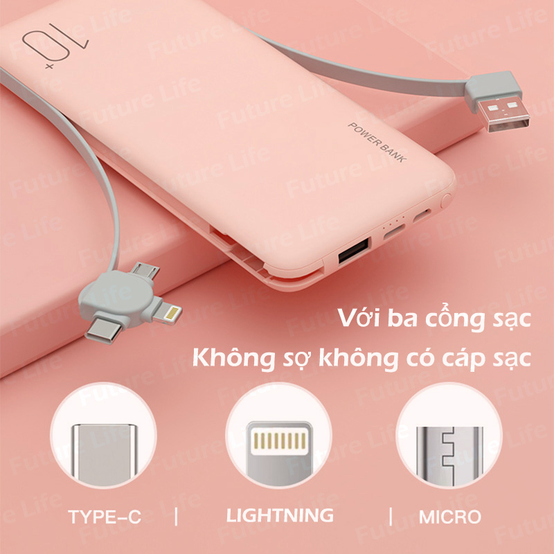 Sạc Dự Phòng 10000mAh Pin Sạc Dự Phòng  Đi Kèm Với Ba Loại Cục Sạc Dự Phòng Micro Usb Type-c Macaron Xạc Dự Phòng