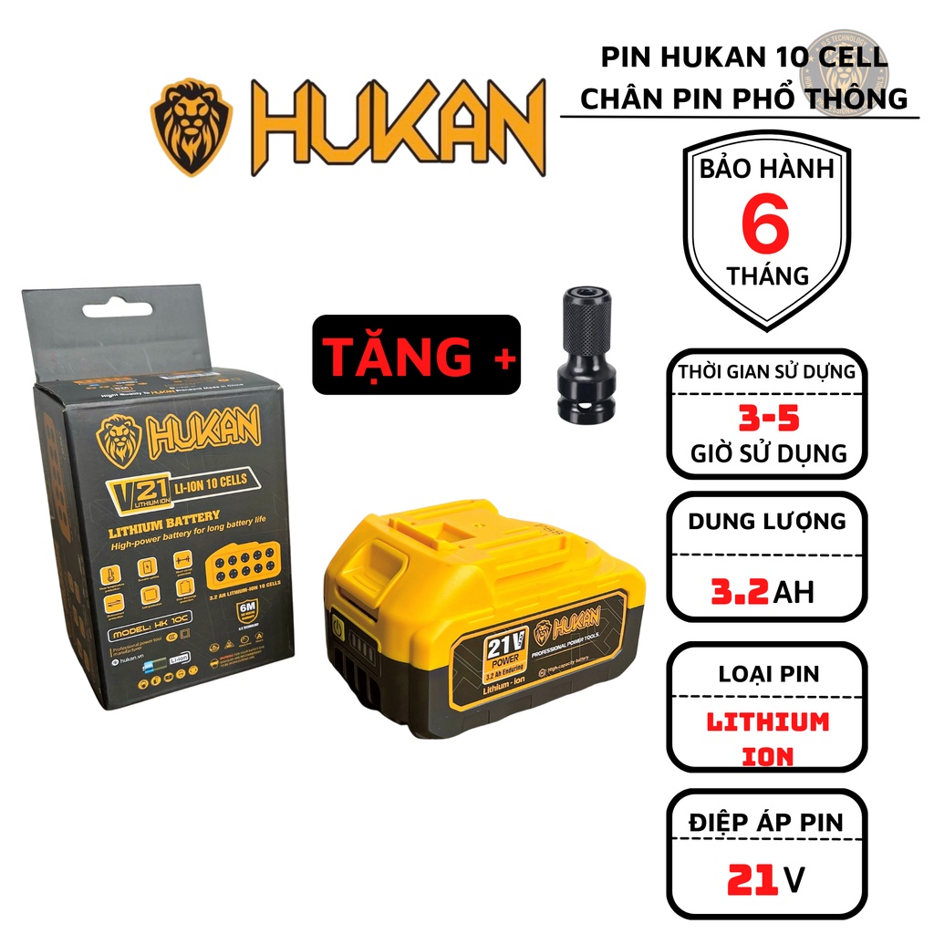 Pin HUKAN 10 Cell Dung Lượng 3.2Ah 21V Có Báo Đèn Chân Pin Thổng Thông