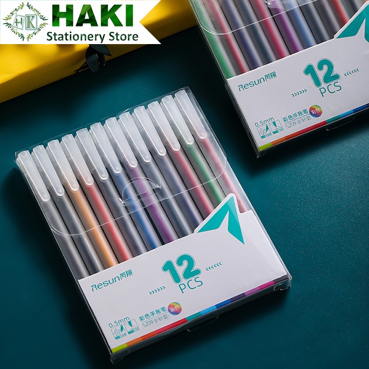 Hộp 12 bút bi màu mực gel HAKI Resun bút Muji bản dupe 12 màu ngòi 0.5mm B45