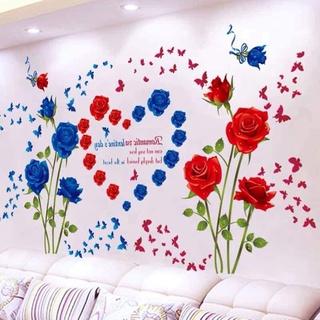 Decal dán tường đôi hoa hồng nhung đỏ và xanh