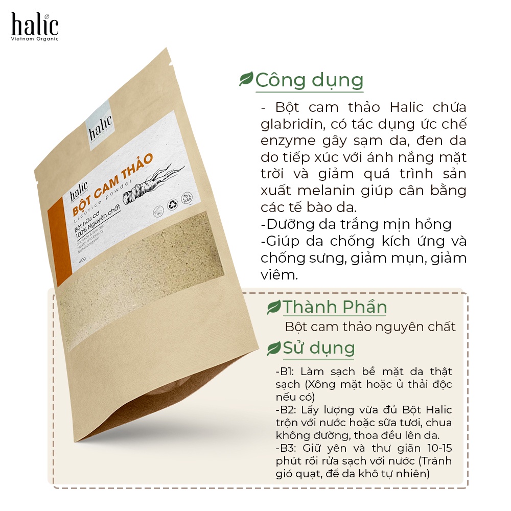 Bột Cam Thảo đắp mặt nạ nguyên chất Halic Organic 125G trắng da, dưỡng ẩm, làm chậm quá trình lão hóa của da