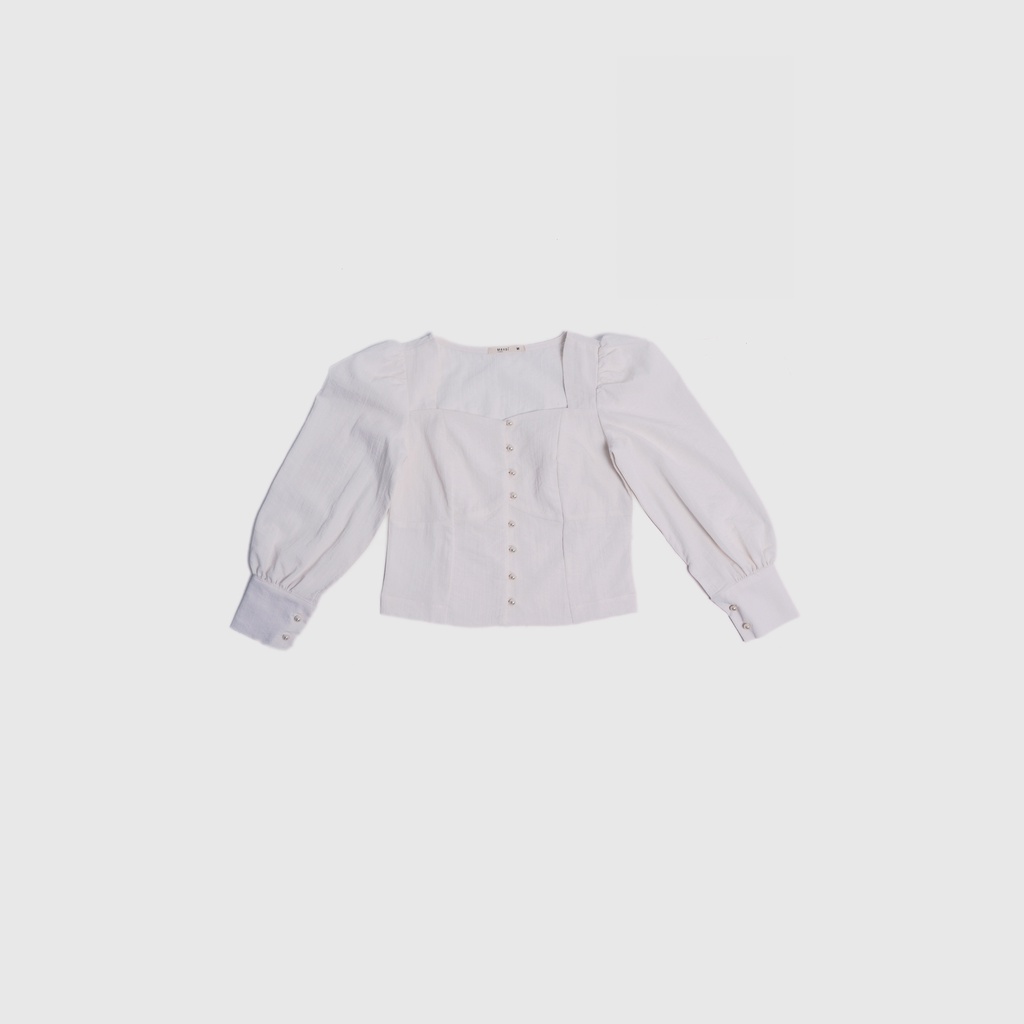Áo Maybi gài nút ôm linen trắng tay phồng dài có măng-sét