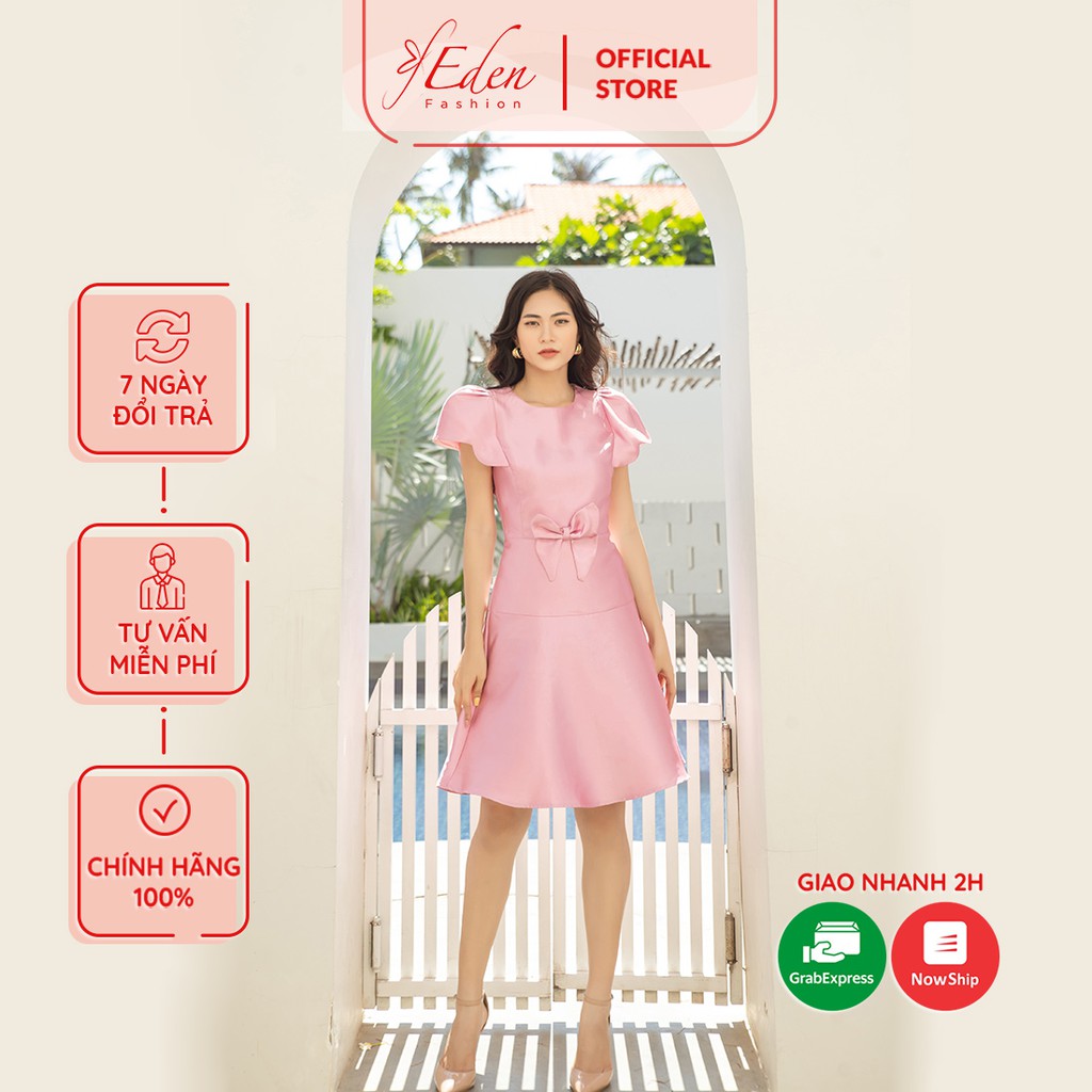 Đầm xòe dự tiệc 2 lớp dáng chữ a phối nơ eo thời trang Eden tay ngắn day kéo lưng chất liệu Taffta dày dặn - D441