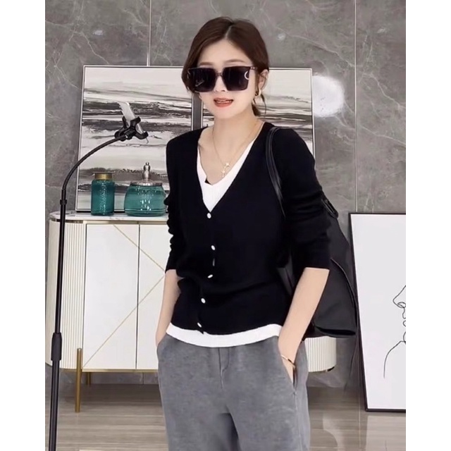 áo len dệt kim cổ tim cài khuy kèm lót len - lót mặt trước