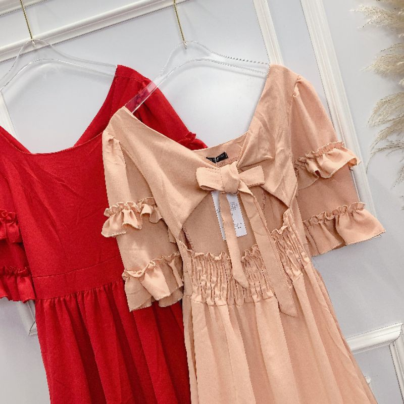 Váy suông baby doll cổ vuông thiết kế vintage 2 màu hồng nude - đỏ sia clothing