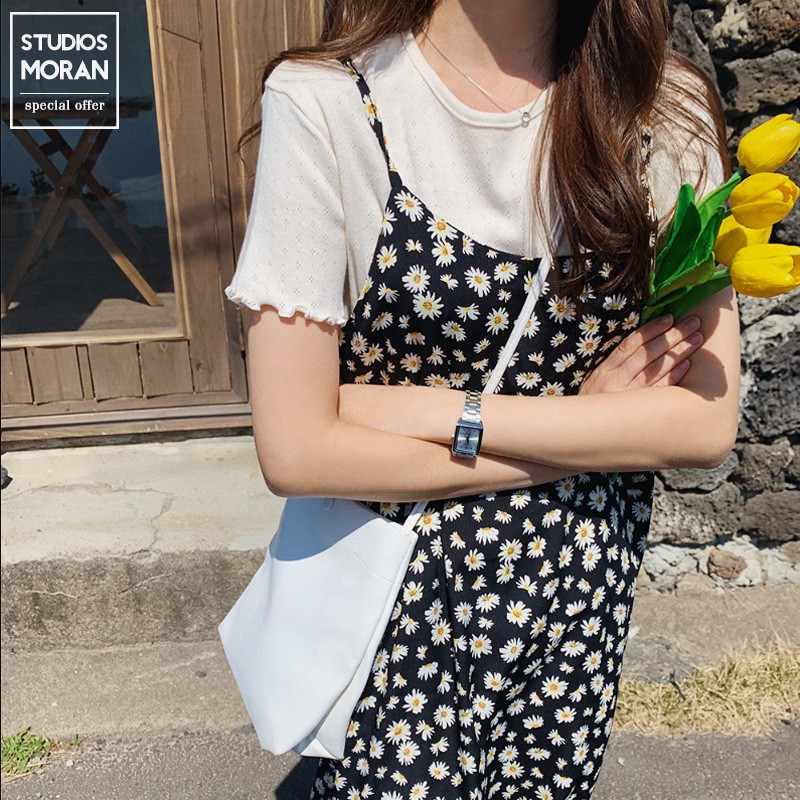 (HÀNG SẴN) Váy yếm hai dây hoa cúc MORAN dáng dài vintage Hàn Quốc nhẹ nhàng-(Kèm ảnh thật tự chụp) | BigBuy360 - bigbuy360.vn