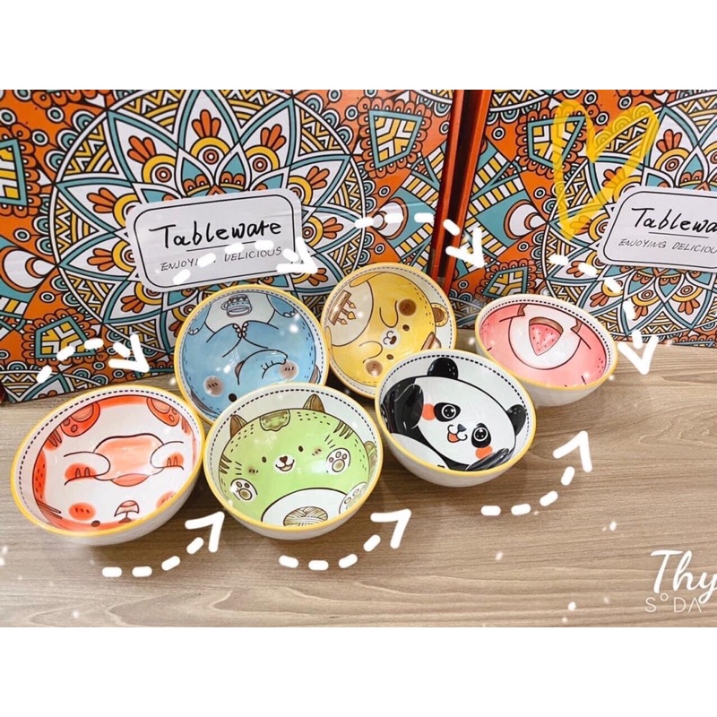 Set/Bộ 6 Bát gia đình kèm đua,bát ăn cơm hình động vật siêu ngộ nghĩnh và đáng yêu