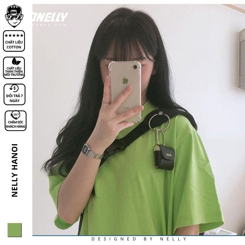 Áo thun tay lỡ NELLY phông Unisex nam nữ oversize form rộng xanh lá cây trơn