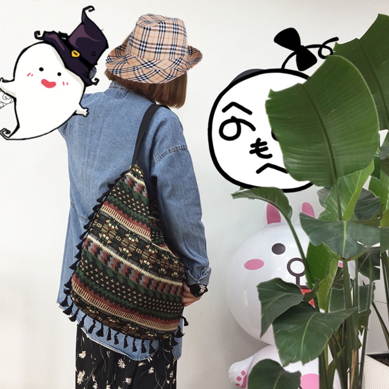 Túi Xách Đeo Vai Bằng Vải Lanh Cotton Phối Tua Rua Phong Cách Dân Tộc Thời Trang Hàn Quốc Mới Cho Nữ